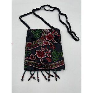 Black Velvet Beaded Crossbody Bag Floral Embroidery Fringe Accents 21" Strap Dro